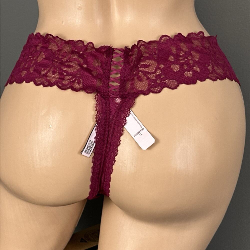Victoria's Secret Thong Panty Wide Lace Faux Corset Tie Up Size XL New NWT Pink